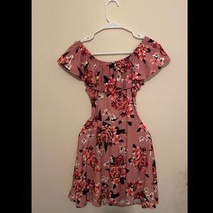 Soft pink floral mid thigh length off the shoulder dress.